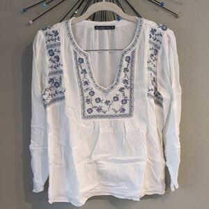 Y2K Abercrombie And Fitch Peasant Top Embroidered White Blue Long Sleeve Small